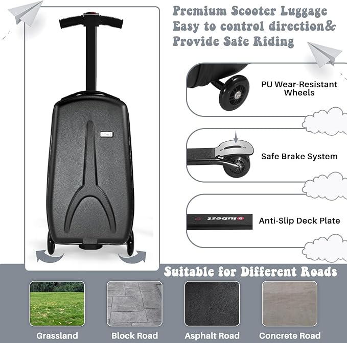 MRPLUM 20" Ride-On Suitcase with Detachable Scooter for Kids,Foldable Hardshell Carry-On Luggage for Toddlers Ages 4-15 with Adjustable Handle,Easy Steering&Brake(Airplane Approved)