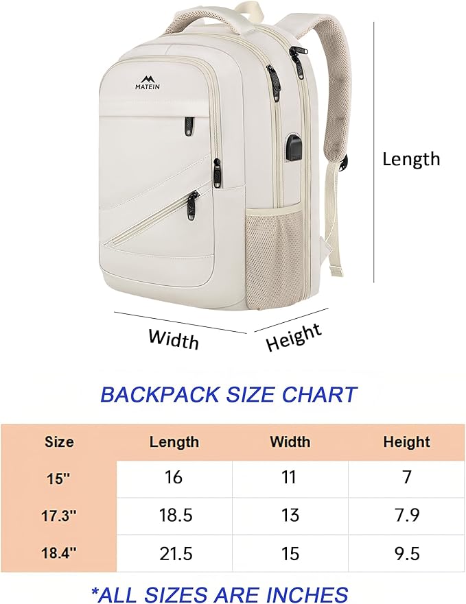 MATEIN Extra Large Travel Backpack for Women, 18 Inch TSA College Backpack with Multiple Pockets and USB Charging Port, 50 L Business Work Carry On Computer Bags, Cream Beige
