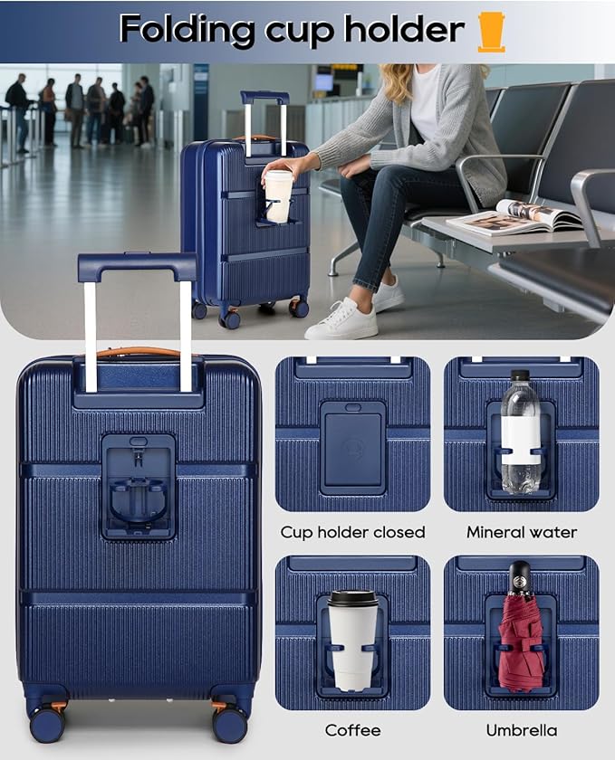 Joyway Carry on Luggage Airline Approved with Front Pocket, Hardside 20 Inch Travel Luggages with Cup Holder, Carry-on Suitcase with Spinner Wheels for Men and Women (Blue, 20 Inch)