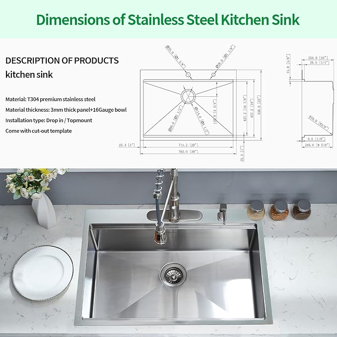 Kitchen Sink, 30 x 22 x 10 Drop in Kitchen Sink 16 Gauge Stainless Steel Kitchen Sinks Single Bowl Workstation Sink with Cutting Board
