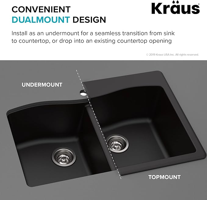 KRAUS Forteza™ 33” Dual Mount 60/40 Double Bowl Granite Kitchen Sink in Black with WasteGuard™ Continuous Feed Garbage Disposal, KGD-50BL-100-75MB