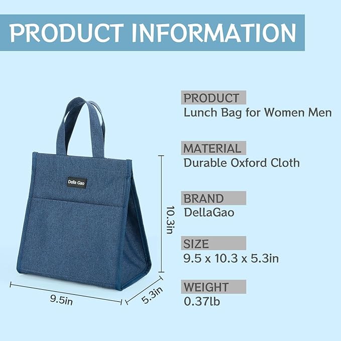 Della Gao Insulated Lunch Bag for Women Men, Waterproof Small Lunch Tote Lunch Box, Reusable Lunch Bags for Work, Party, Travel and Picnic (Blue)