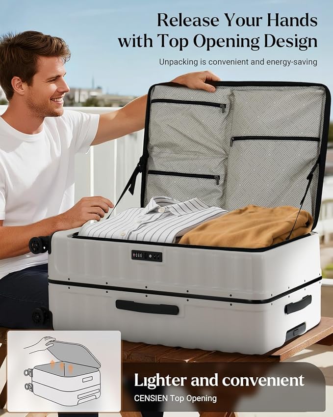 Checked Luggage, 28 Inch Luggage with Spinner Wheels, Large Suitcase with Lightweight PC Hard Shell, Aluminum Frame, Top Opening, YKK Zipper, TSA Lock (White, 1PC)