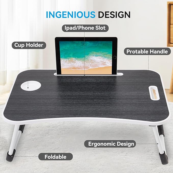 BUYIFY Folding Lap Desk, 23 Inch Portable Wood Deep Black Laptop Bed Desk Lap Desk with Cup Holder, for Working Reading Writing, Eating, Watching Movies for Bed Sofa Couch Floor