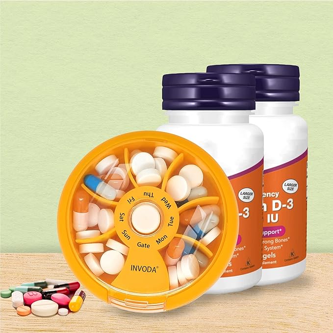 INVODA Weekly Pill Organizer 7 Compartment Rotating Pill Box for Daily Medication & Vitamins - Portable Travel Pill Case Fish Oil Supplements Vitamins Organizer (Orange)