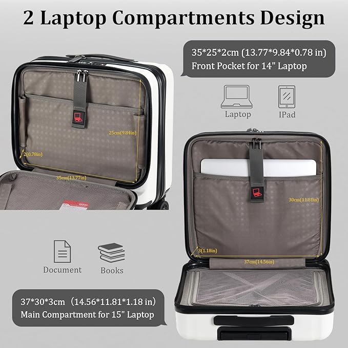 16 Inch Carry On Luggage with 2 Compartments for 14” & 15” Laptop, 16.14*8*17.12” Rolling Briefcase, Lightweight Hardshell ABS+PC Suitcase with Spinner Silent Wheels, for Business Trip, Milky White