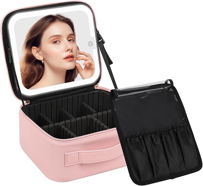 Chomeiu Makeup Bag with LED Mirror, Cute Cosmetic Bags Birthday Gifts for Girls Women, Makeup Train Case Artists Organizer Large Make Up Bags with Light Up Mirror 3 Color Lights, Pink