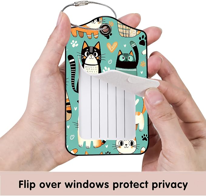 Luggage Tags for Suitcases, 2-Pack PU Leather for Cruise & Travel, Baggage ID Tags with Privacy Cover & Address Card, Durable Metal Ring, Kids Adults Travel Accessories, Cute Cat Print