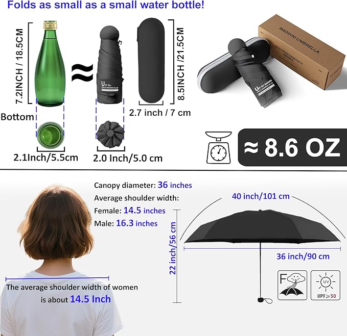 BAODINI Travel Mini Umbrella for Purse With Case Small Compact UV Sun Protection Sun Lightweight Tiny Pocket Umbrella for Women Girls and Men