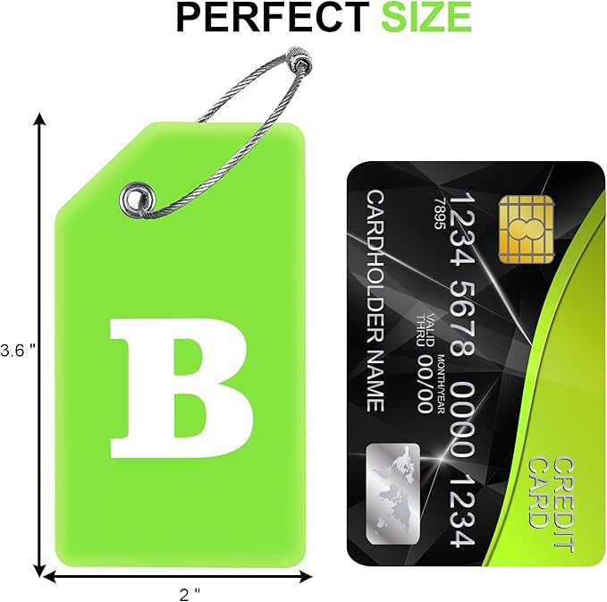 8 Pcs Luggage Tags for Suitcases, 26 Initial Letter Travel Luggage Baggage Identification Labels ID Tags Fully Bendable Tags with Stainless Steel Loop (Letter B, Green)