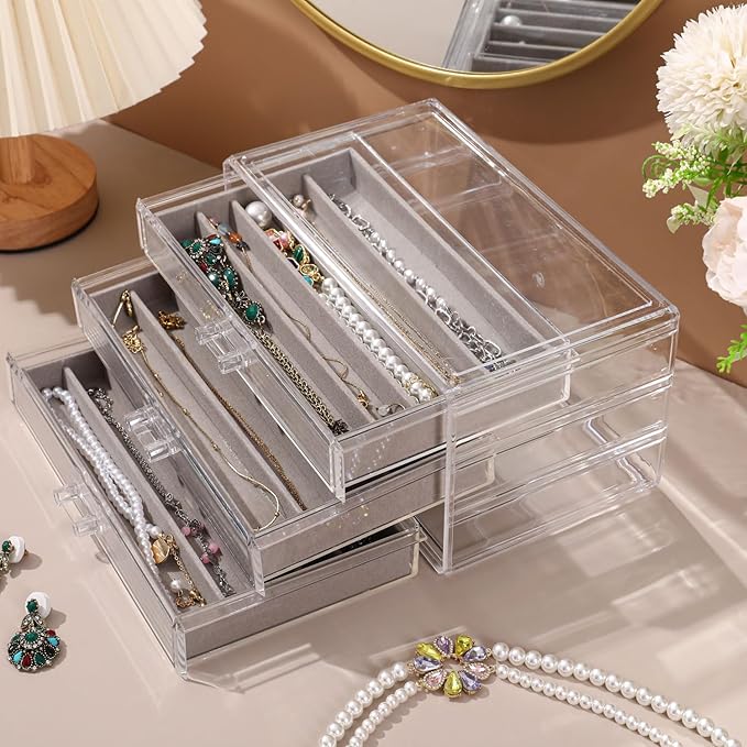 Necklace Organizer Box, Tray with Clear Lid, Dustproof Velvet Necklaces Holder Storage Display Case, Necklace Tray Drawer Insert for Pendant Suitable for Women and Girls (Grey)