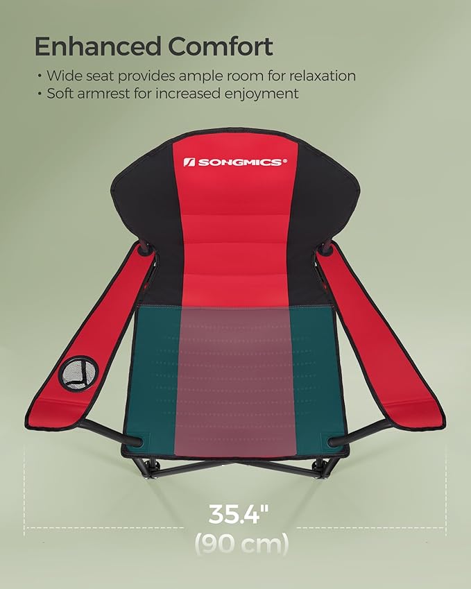 SONGMICS Folding Camping Chair, with Comfortable Sponge Seat, Cup Holder, Heavy Duty Structure, Max Load Capacity 551 lb, Outdoor Picnic Chair, Red and Black UGCB06BK
