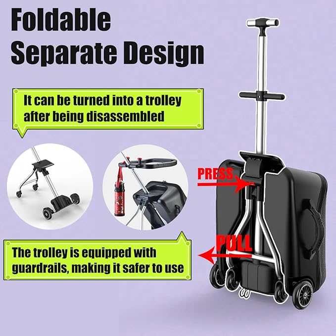 Children's Ride-On Suitcase, Ride on Suitcase for Kids, Kids Luggage Set, Fashion Travel Student Trolley Boarding Toy Box, 2-in-1 Case & Baby Stroller,Black