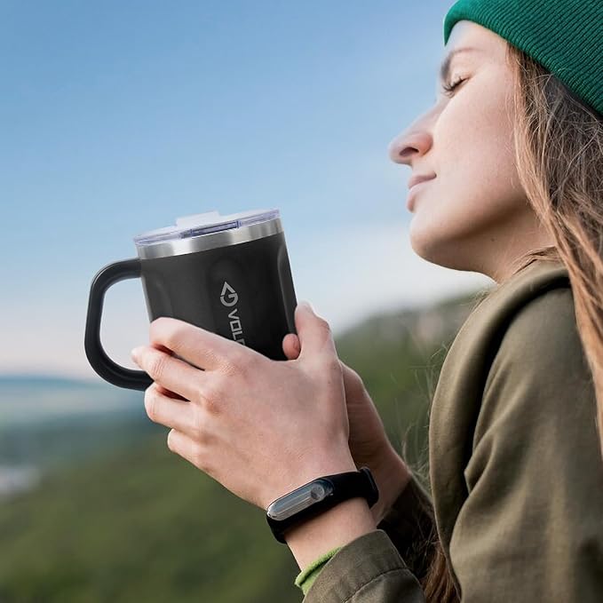 Stainless Steel Coffee Mug with Handle, 16 oz Double Wall Vacuum Insulated Travel Mug Tumbler With Slider Lid, Great Tea Mug for Men and Women (Black)