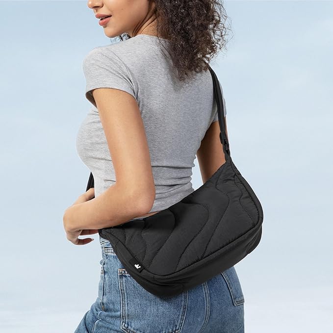 tomtoc 3.5L Puffer Sling Crossbody Bag for Women Trendy, Nylon Quilted Crescent Shoulder Bag Purses for Cellphone and Daily Essentials, Puffy Travel Hobo Handbag with Adjustable Strap & Inner Pockets