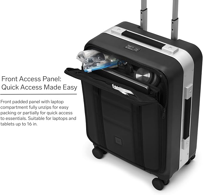D_b_ Ramverk Pro Front Access Carry-On 21 Inch Hardside Luggage Extra Protection Aluminum Frame, Silent 360 Spinner Wheels, TSA Lock, Interior Laptop Compartment - Black Frame/Black