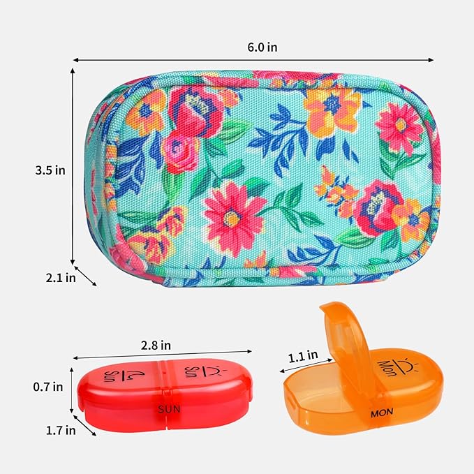 Serfeymi Weekly Travel Pill Organizer 2 Times A Day AM PM Upgraded Rainbow Pill Box 7 Day with Portable Zipper Canvas Pill Case, Medicine Organizer for Pills, Vitamins, Fish Oils - Green 01