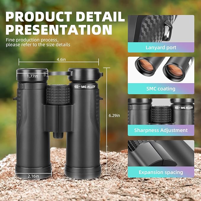 ED HD Binoculars 8x42 for Adults, Waterproof & Fogproof with Magnesium Alloy Body, BAK4 Prism - High Power Binoculars for Bird Watching, Hunting, Travel & Outdoor Sports, Compact Low Light Vision