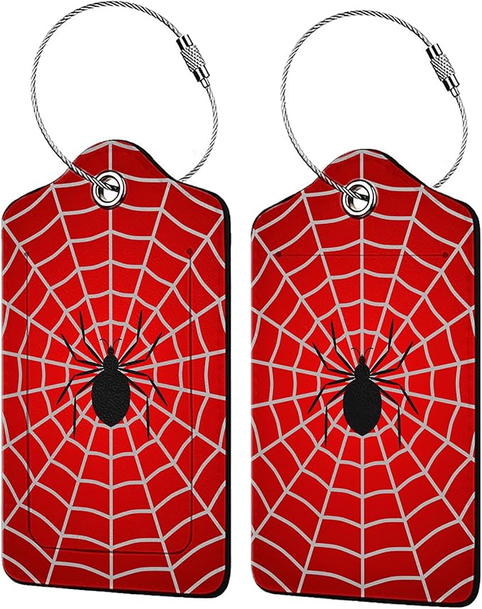Spider Web 2-Pcs Premium Leather Tags with Privacy Covers,Luggage Tag Stainless Steel Loops Ideal for Suitcases, Travel Bags, Backpacks