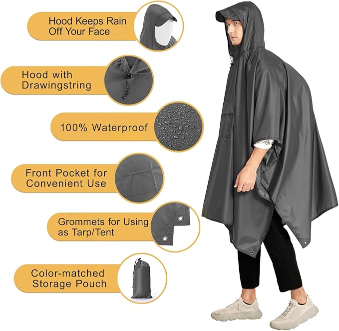 salamra Hooded Rain Poncho Waterproof Raincoat Jacket for Men/Women/Adults with Pocket
