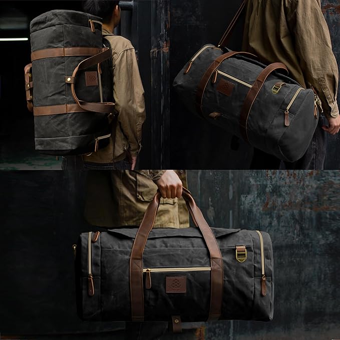 60L Duffle Bag for Men, Nomad Waxed Canvas Travel Duffel Bag Vintage Genuine Leather Travel Handbag Upgraded Weekender Overnight Backpack with Shoes Compartment (Vintage Black, X Large-60L)