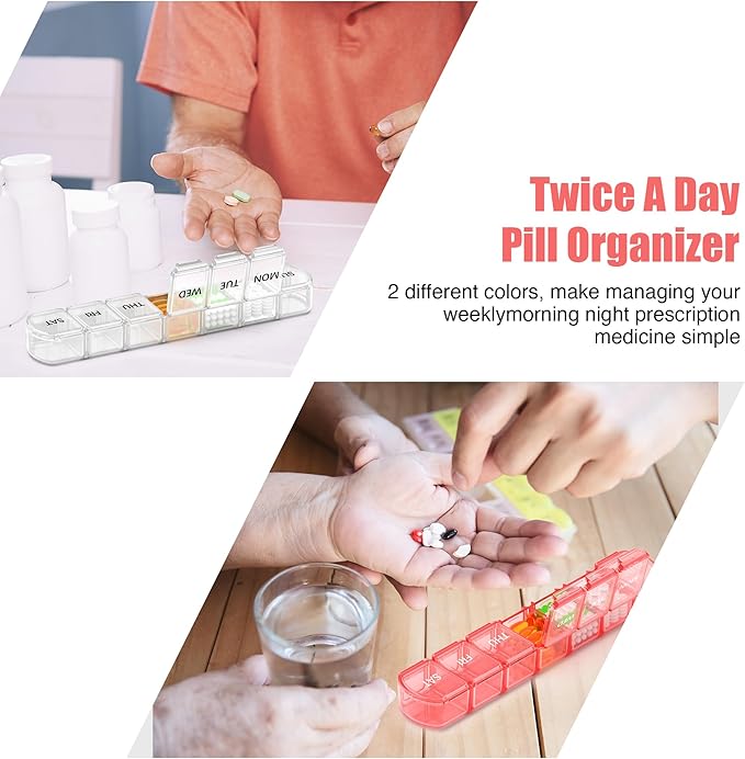 Extra Large Pill Organizer 2 Pack, XL Pill Box 7 Day, Weekly Pill Case with Large Capacity, Jumbo Organizer, BPA Free (Pink+White)