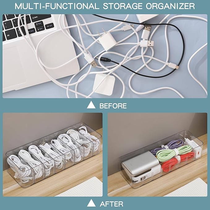 Yesesion 4 Pack Cord Organizer Box with 40pcs Wire Ties, Plastic Charger Storage Case with Adjustable Dividers for Desk Drawer, Home Office Supplies, Stationery, Data Cable, USB, Battery Holder