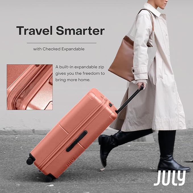 Checked Expandable - 24.5" Airline Approved Check In Luggage with Wheels, Spinner Suitcase for Men & Women - TSA Lock Rolling Suitcase, Spinner Wheels, Expansion Zip, Y-Strap - Clay