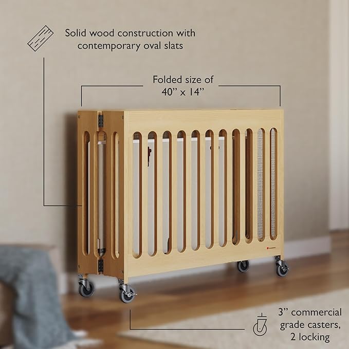 Foundations Boutique Folding Mini Baby Crib - Compact, Portable, Wooden Hotel Crib, Foldable Mini Crib for Baby & Toddlers - Includes 3" Foam Mattress, Natural