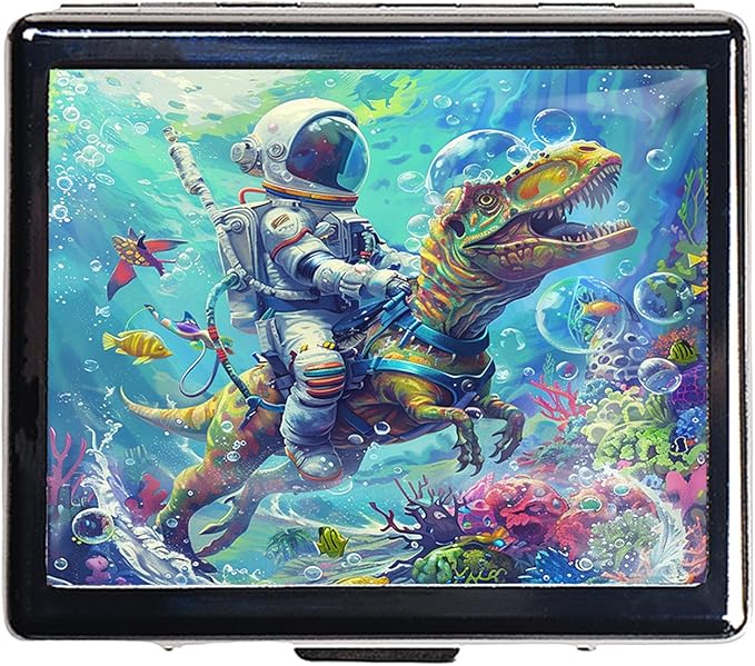 Cute and Portable Metal Pill Organizer – 8 Compartments, Elegant Chrome Finish, Ideal for Travel and Daily Use (Astronaut Riding Dinosaur)