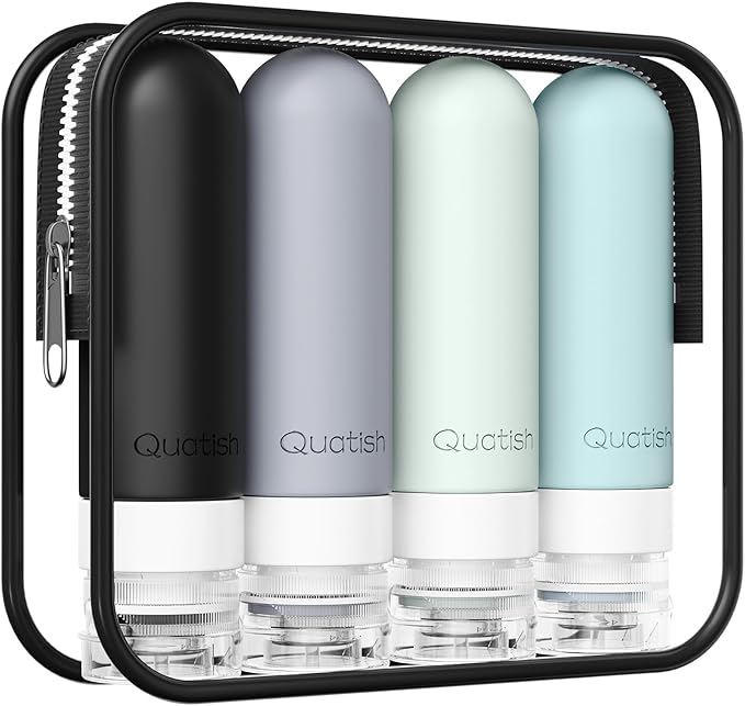 Quatish Travel Bottles for Toiletries, Original Patented Leak Proof Travel Size Toiletries, 3 oz Tsa Approved Silicone Shampoo and Conditioner Bottles, Travel Essentials, 4 Pack, Grey