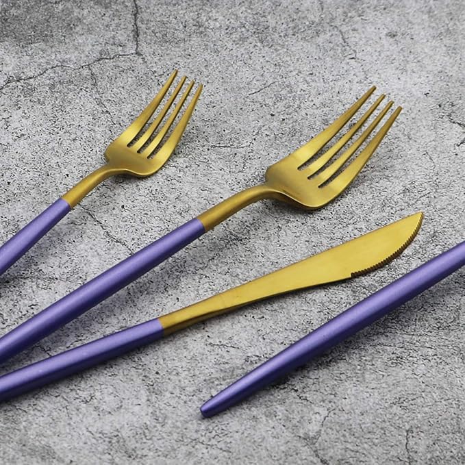 Gugrida 20-Piece 18/10 Stainless Steel Flatware Silverware, Luxury Dinnerware Set Travel Cutlery Tableware Include Knife Fork Spoon Service for 4, Dishwasher Safe (Purple Handle Matte Gold)