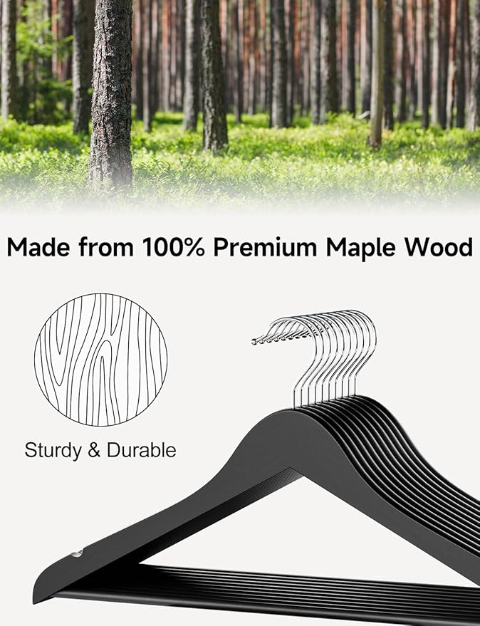 StorageWorks Black Wooden Hangers, 30 Pack Wood Hanger for Closet, Coat Hangers for Coats, Shirts, Pants, Suits