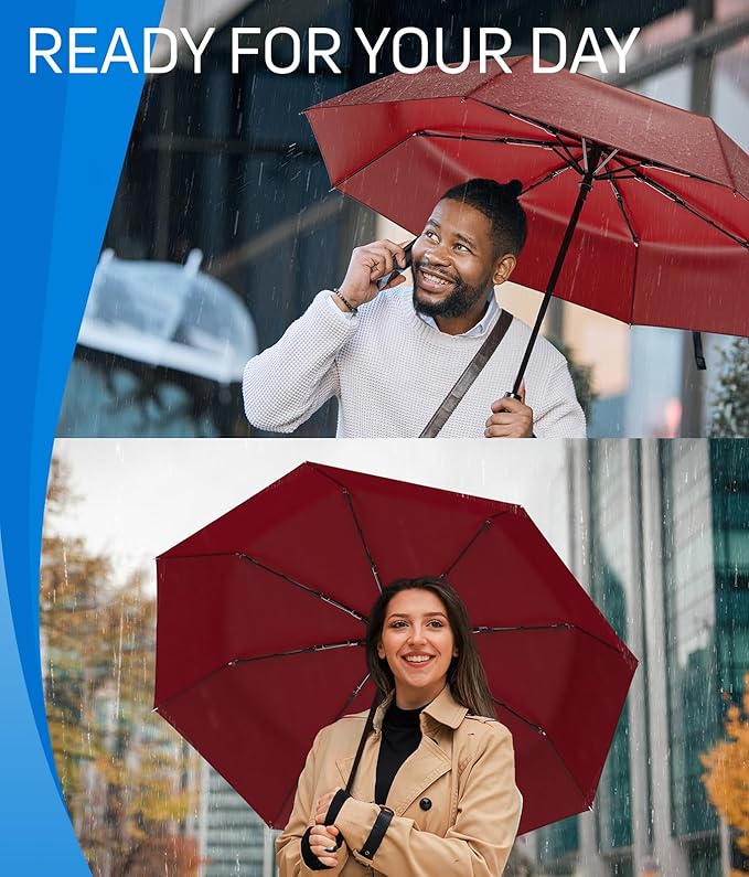 Rain-Mate Windproof Compact Umbrellas for Rain - Strong Reinforced Fiberglass Rib Design & Auto Open & Close - Portable Folding Travel Umbrella - Lightweight & Packable for Women & Men, Easy Collapse