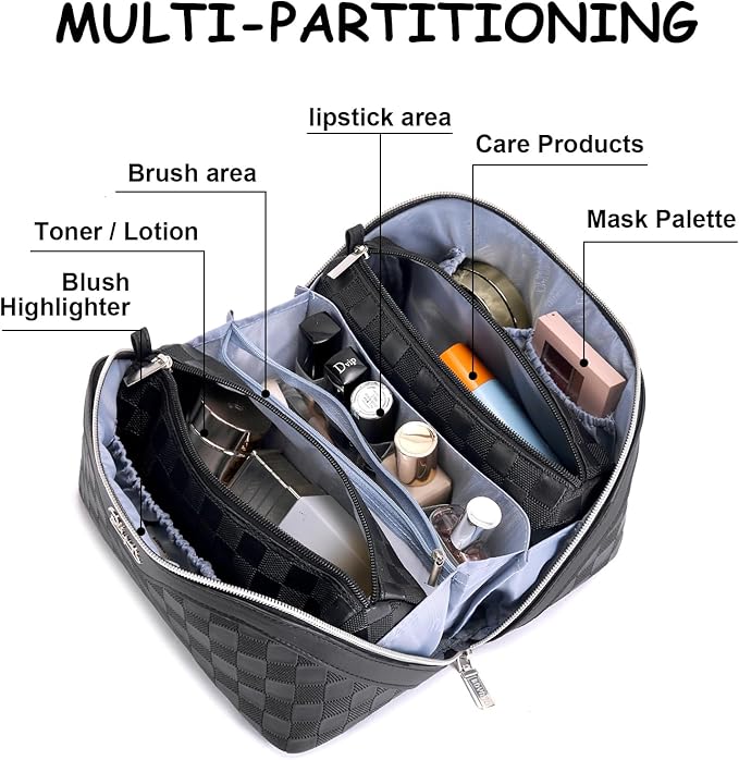 BOYATU Travel Makeup Bag Organizer Cosmetic Bag: 3 Pcs Set Make up Bags for Women with Handle - Waterproof Vegan Leather Toiletry Bags with Comparments (01-Black)