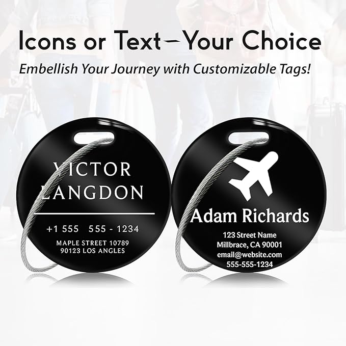 Customized Stainless Steel Luggage Tags: Personalize Your Suitcases, Backpacks, and Bags with Your Text (Black)