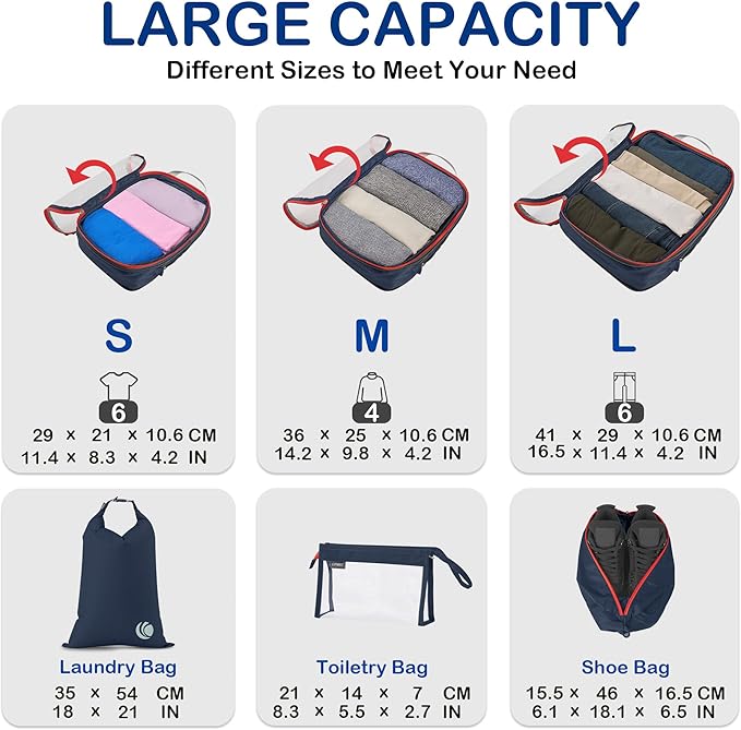 Cipway Compression Packing Cubes Mesh, Lightweight Luggage Organizer Bags with Laundry Bag,Toiletries Bag and Shoe Bag, Travel Essentials for Carry on Suitcase（8Pcs,Blue）