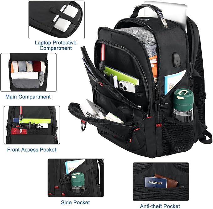Z-MGKISS Extra Large Travel Backpack, 52L TSA Backpack 17.3 Inch, Anti-Theft 17 Inch Big Business Laptop Backpack for Men & Women, Water Resistant College Rucksack Bag with USB Port, Black