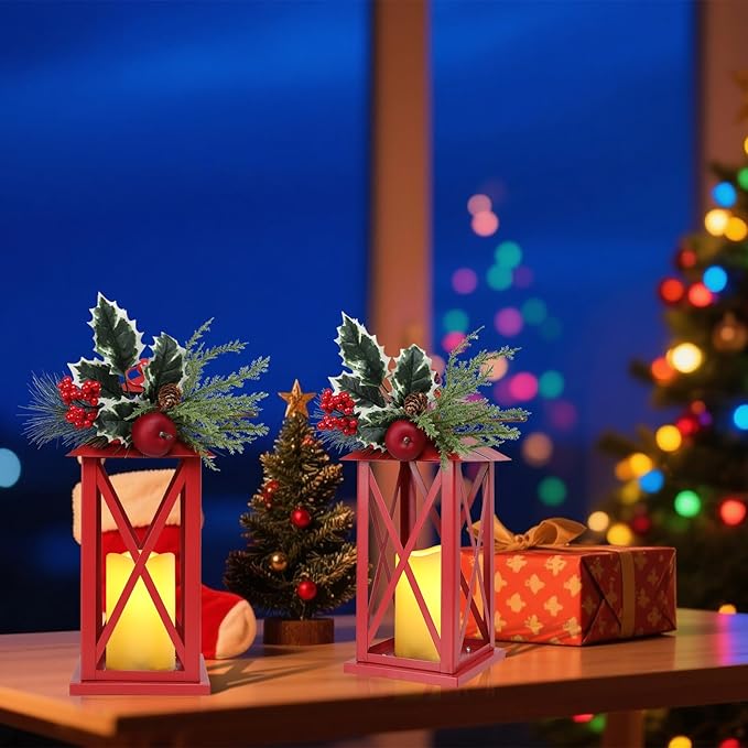 Christmas Decorative Lanterns 2 Pack Outdoor Lantern 13.5" Waterproof Battery Powered LED Hanging Lanterns with Flamessless Candle for Front Porch, Entrance, Indoor, 2 Pack