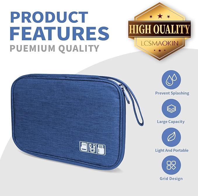 Electronics Travel Organizer,Portable Waterproof Electronic Travel Storage Bag for Small Charging Cord Storage,Charger,Small Electronics,SD Card etc,for Travel,Business -Navy Blue