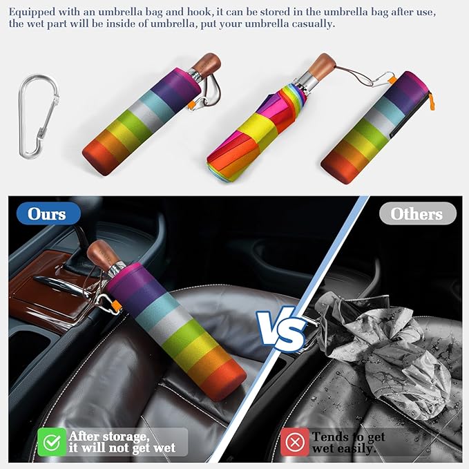 3T Wind Armor Travel Umbrella Compact Easy Auto Open Close Folding Umbrellas for Rain Windproof Umbrella for Women and Men Durable Real Wood Handle Portable Fits Backpack Car