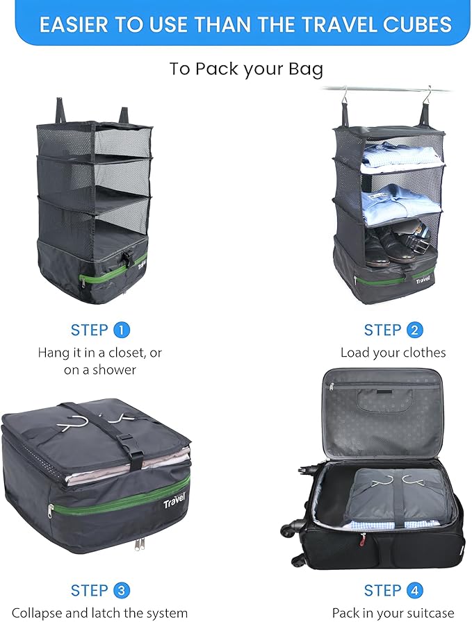 Grand Fusion Stow-N-Go Travel Luggage Organizer – Portable Hanging Travel Shelves, Carry-On Closet Organizer, Hanging Packing Cubes, Collapsible Carry-On Organizer for Cruises & Hotels. Dark Gray - L