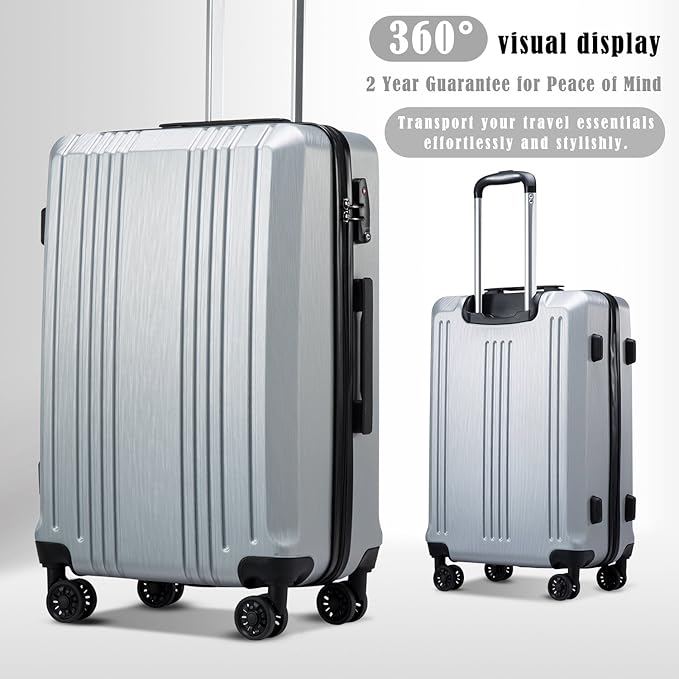 Coolife Luggage Suitcase PC+ABS with TSA Lock Spinner Carry on Hardshell Lightweight 20in 24in 28in (sliver, M(24IN))