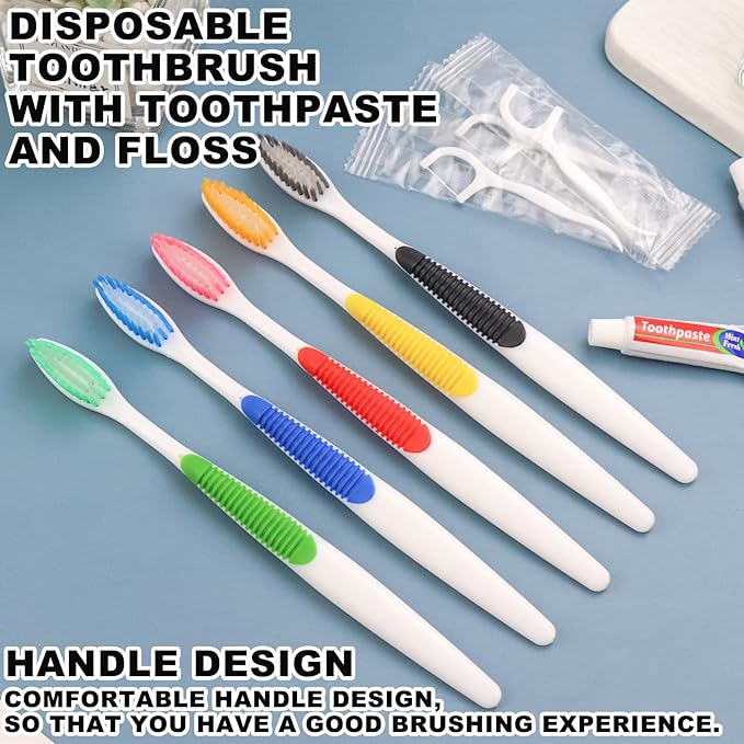 Disposable Toothbrushes with Toothpaste and Floss,10pcs Single Use Individually Wrapped Disposable Travel Toothbrushes and Dental Floss Kit Bulk for Homeless,Airbnb,Dentist,Hotel(5 Colors)