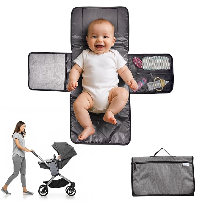 RELEONE Portable Diaper Changing Pad – Waterproof & Foldable Baby Changing Mat with Head Cushion, Travel-Friendly with Storage Pockets, Compact & Easy to Carry for On-The-Go Parents.