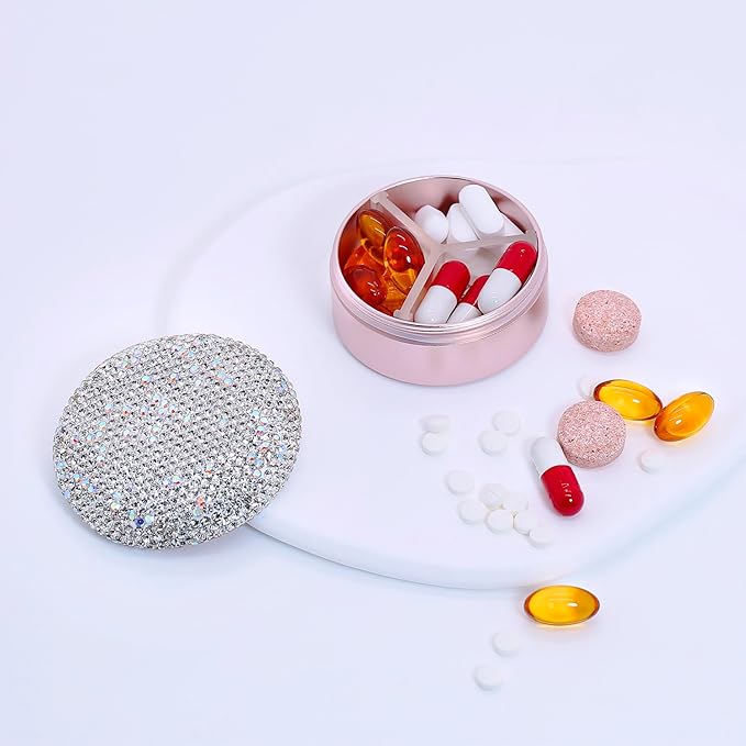 Small Pill Case 3 Compartments, Metal Round Portable Pill Box, Waterproof Travel Pill Organizer, Pocket Purse Medicine Vitamin Holder EDC Container (Rose Gold with Rhinestone)