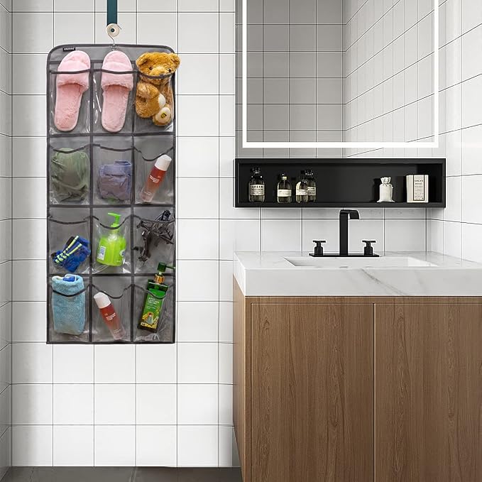 Dual Sided Hanging Shoe Organizer for Closet with Rotating Hanger Hanging Shoe Rack Holder with 24 Large Pockets (GREY-Clear Pockets)
