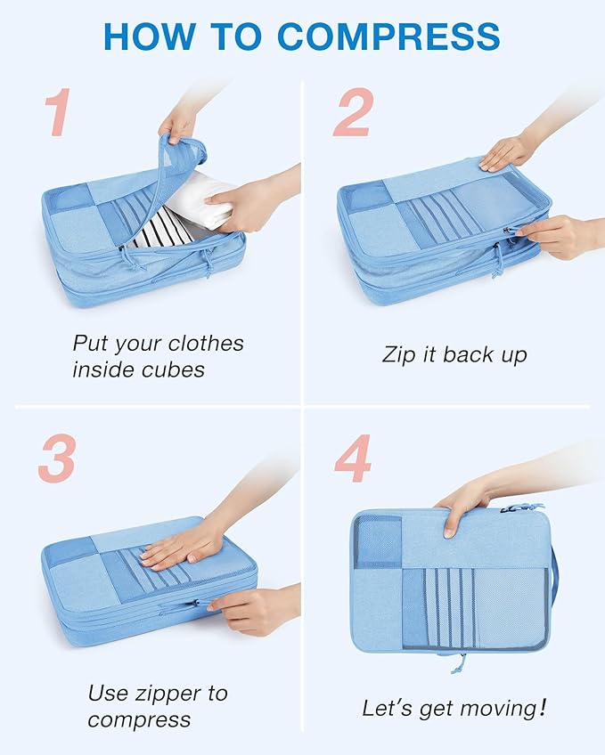 BAGSMART Compression Packing Cubes for Travel, 6 Set Packing Cubes for Carry on Suitcases, Compression Travel Cubes & Suitcase Organizer for Packing with Shoe Bag Sky Blue