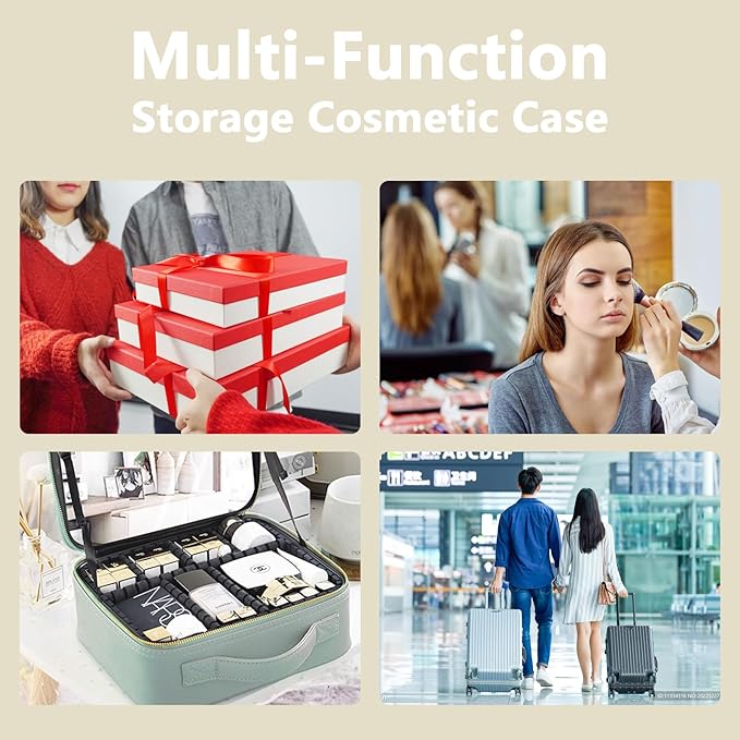 Travel Makeup Bag for Makeup Artists Large Makeup Case,with Mirror 3 Color Setting and Detachable 10x Magnifying Mirror Travel Makeup Bag,Portable Storage and Adjustable Dividers（white）