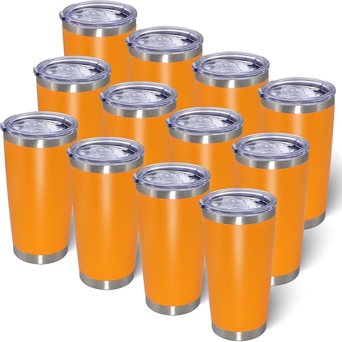 20oz Tumbler Bulk Stainless Steel Tumblers with Lid Vacuum Insulated Double Wall Travel Coffee Mug Powder Coated Tumbler Cup for Hot and Cold Drinks(Orange, 12 pack)